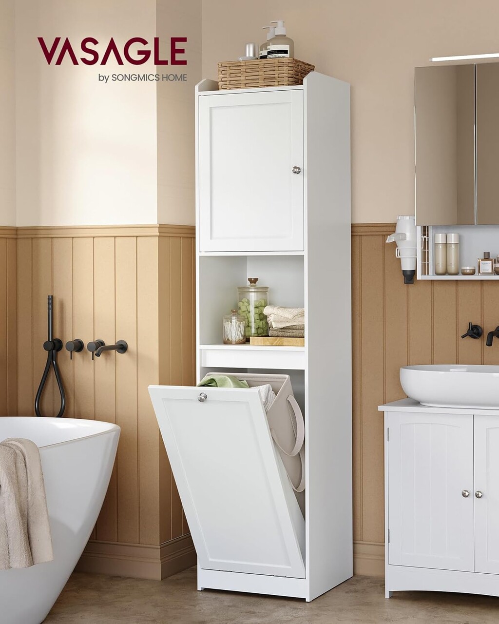 Dulap inalt de baie cu cos de rufe, Vasagle, 40x40x170 cm, MDF/poliester, alb nor - imagine 5